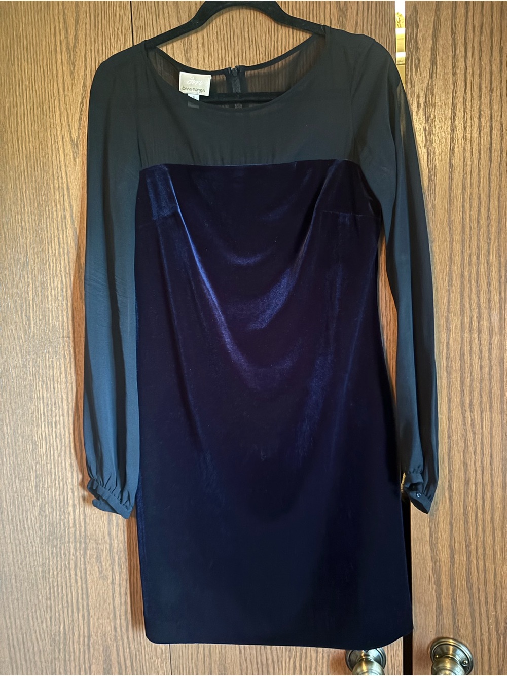 Donna Morgan Navy Velvet Shift Dress with Black Sheer Sleeves